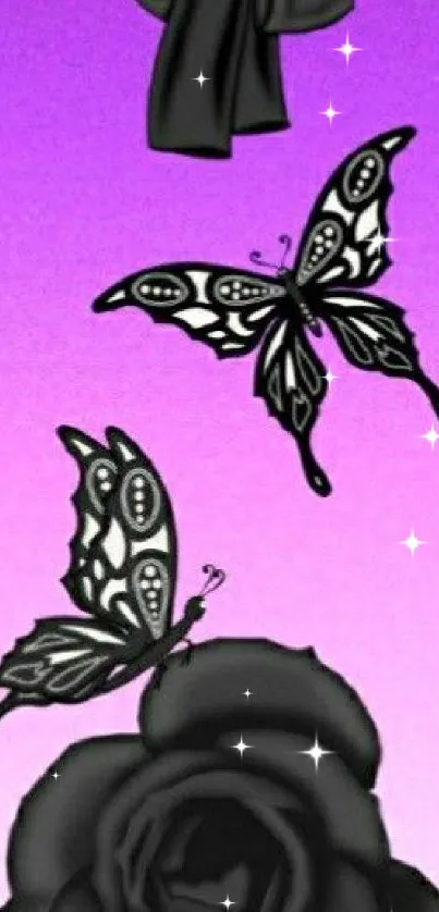 Elegant black butterflies and rose on pink gradient wallpaper.