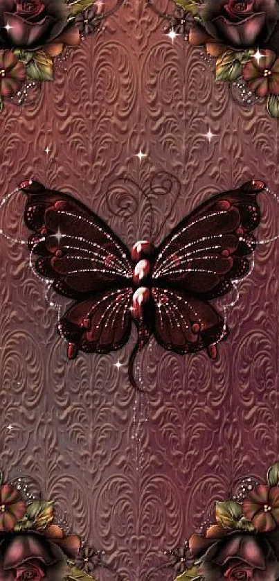 Elegant maroon wallpaper with butterfly and rose design.