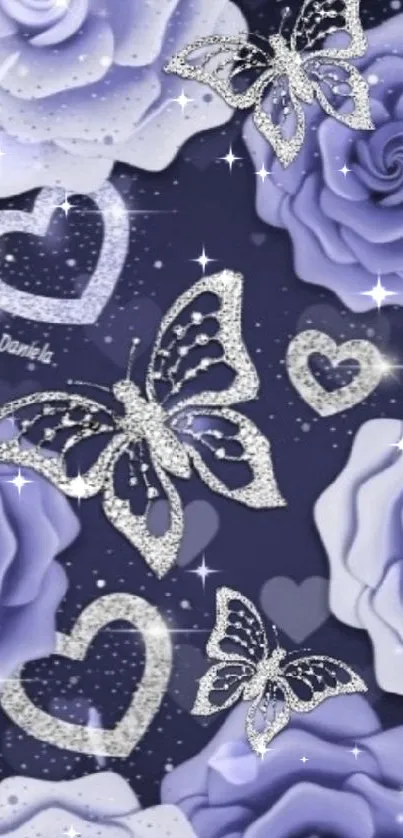 Purple roses and butterflies with sparkles wallpaper.