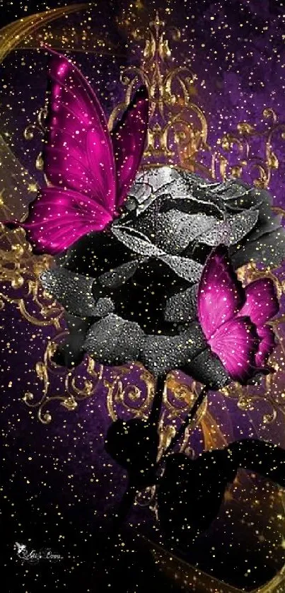 Black rose with pink butterflies on purple background with golden accents.