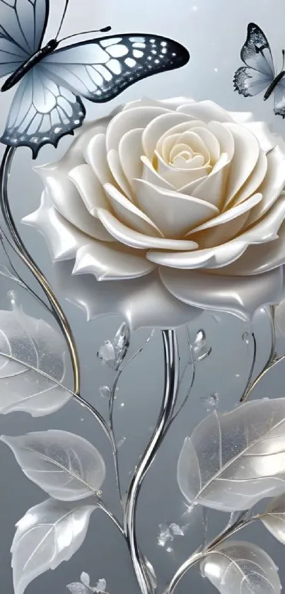 Elegant wallpaper with a white rose and butterflies on a silver background.