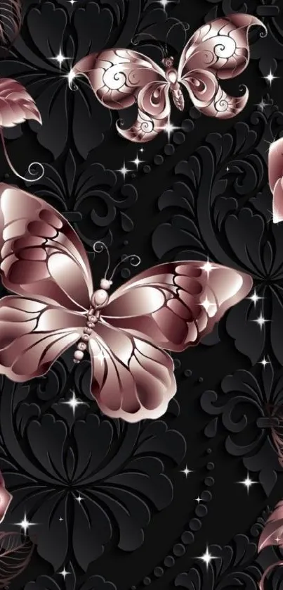 Elegant wallpaper with butterflies and roses on a black background.