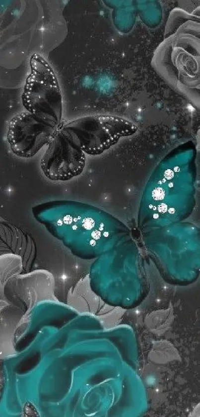 Elegant butterfly and rose wallpaper in black and turquoise.