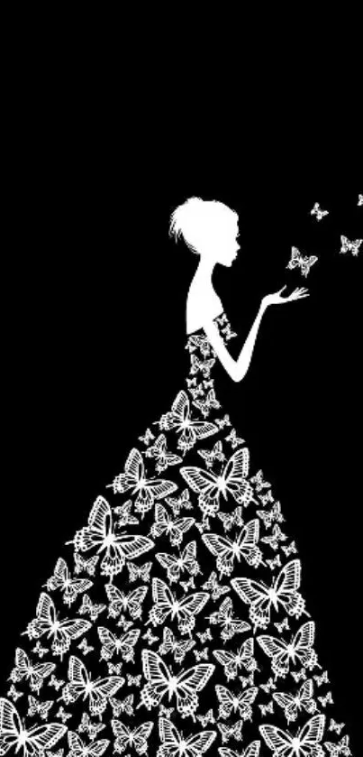 Silhouette of woman with butterfly dress on black background.