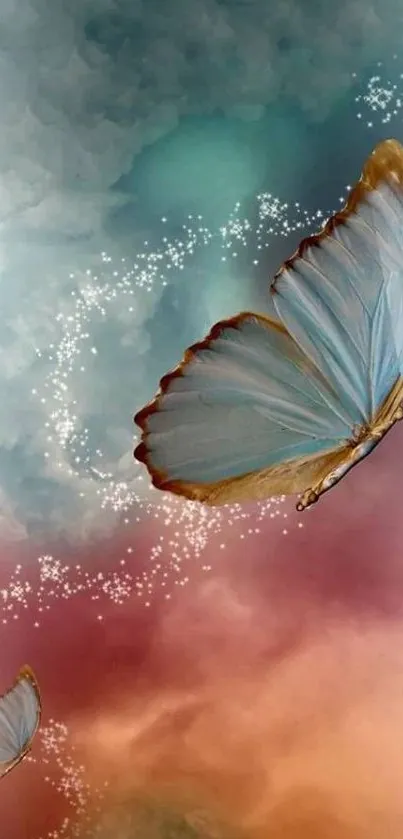 Elegant butterflies soar through a vibrant sky in this artistic mobile wallpaper.