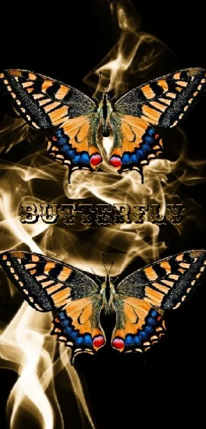 Mobile wallpaper with butterfly and smoke design on black background.