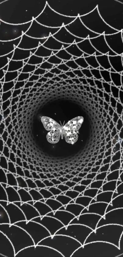 Elegant butterfly centered in spiral design wallpaper in black and white.