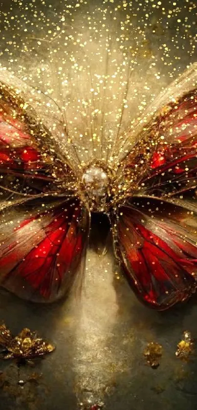 Elegant butterfly with gold and red accents on a dark background.