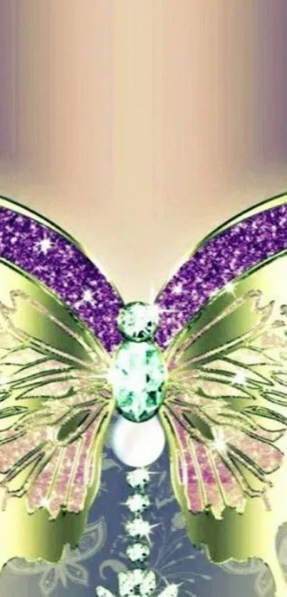 Elegant butterfly with purple and gold elements on mobile wallpaper.