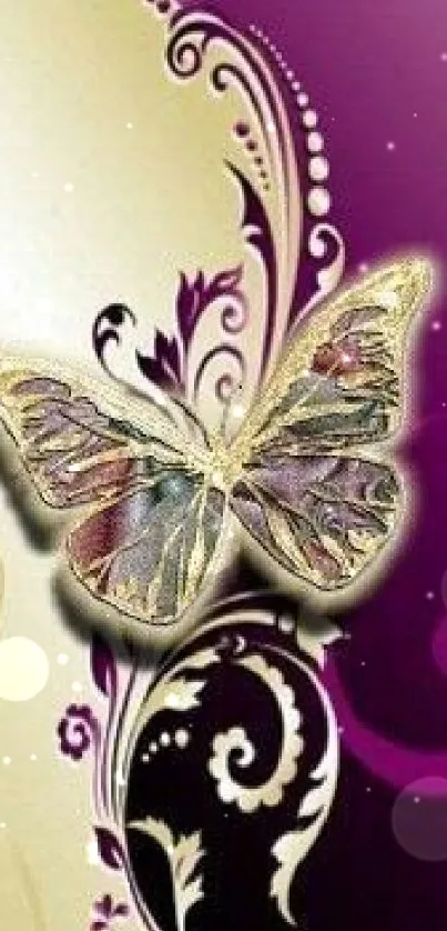 Elegant purple and gold butterfly wallpaper with floral design.