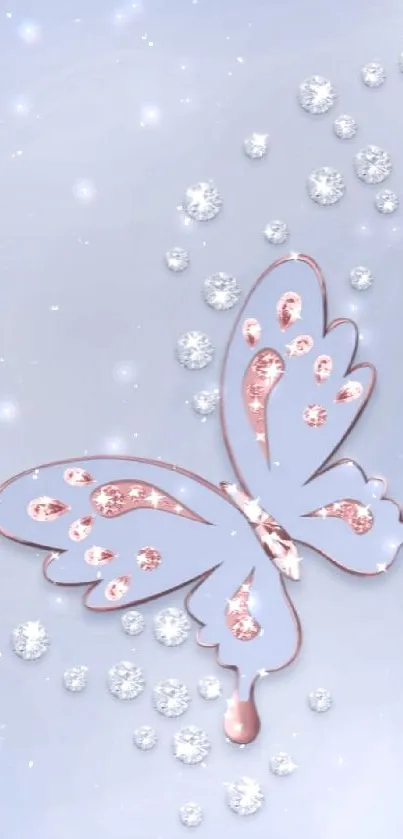 Elegant butterfly on pink and gray wallpaper with jewels.