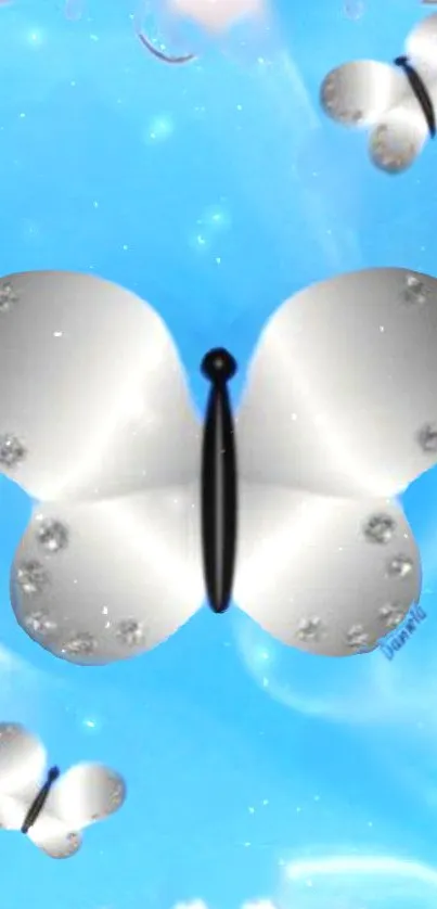 Elegant mobile wallpaper with shimmering white butterflies on blue background.