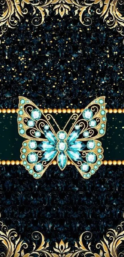 Elegant gold and teal butterfly design with intricate patterns.