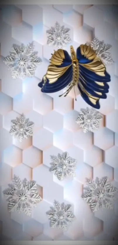 Elegant butterfly with silver snowflakes on 3D hexagonal background.