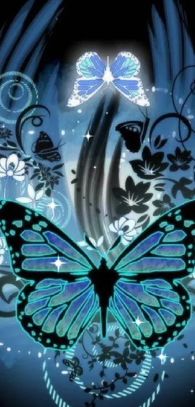 Elegant blue butterfly design on mobile wallpaper.