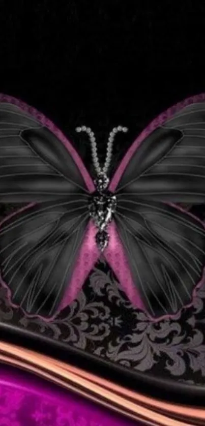 Sleek black butterfly with magenta accents on a vintage pattern background.