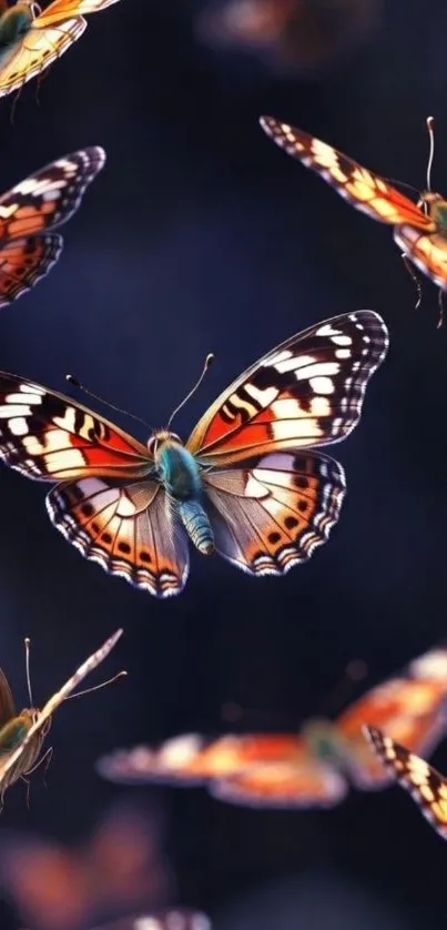 Colorful butterflies flying in formation.