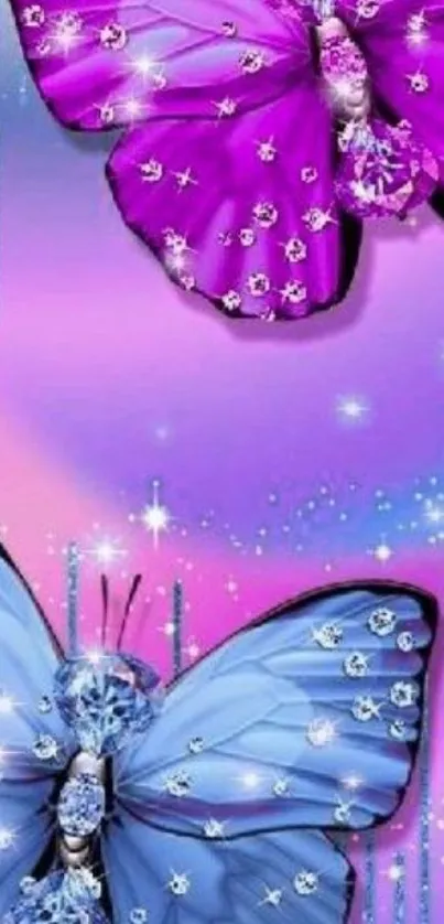 Purple and blue butterflies with sparkling accents on a colorful background.