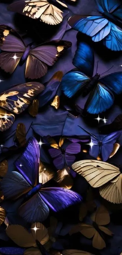 Elegant mobile wallpaper with blue and gold butterflies.