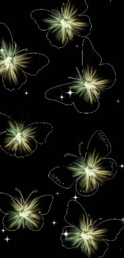 Elegant butterflies with glowing effects on a dark background.