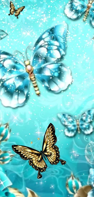 Elegant blue and gold butterfly wallpaper with sparkles and floral accents.