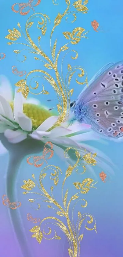 Blue butterfly on daisy with golden designs.