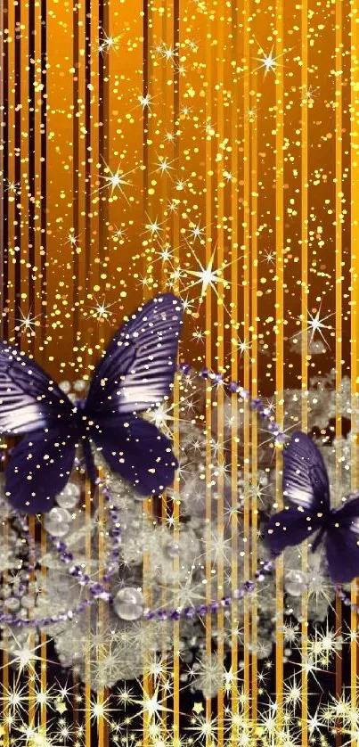 Purple butterflies on an orange striped background with sparkles.