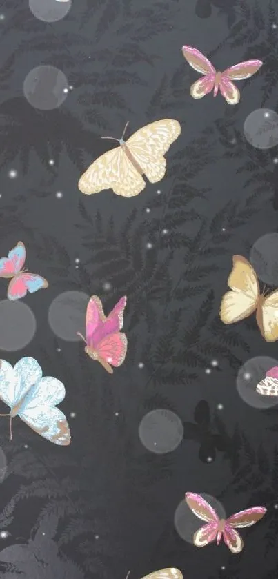 Mobile wallpaper with butterflies on dark floral background.