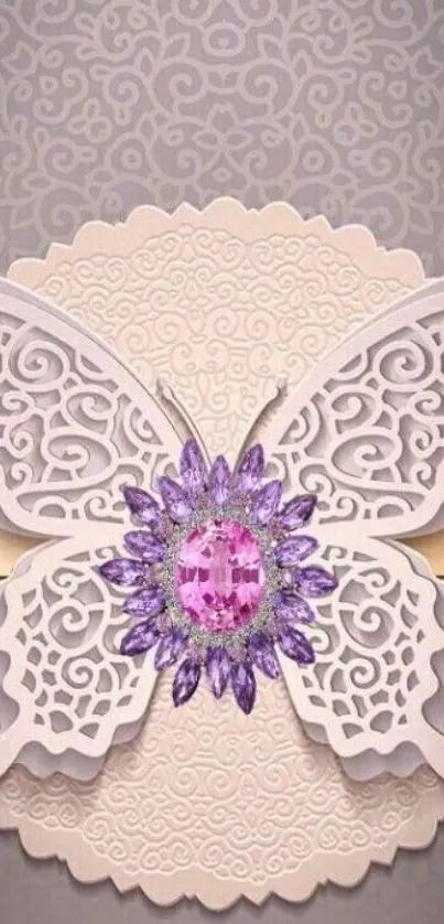 Intricate butterfly design with purple gemstone on elegant patterned background.