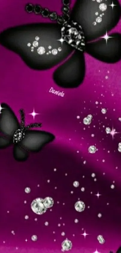 Elegant black butterflies on a purple background with sparkling jewel accents.