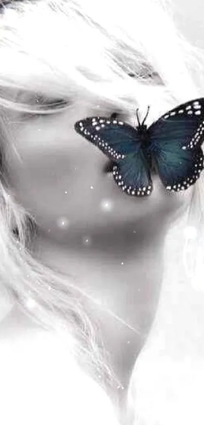 Monochrome image with a blue butterfly on a woman's face, exuding elegance and mystery.