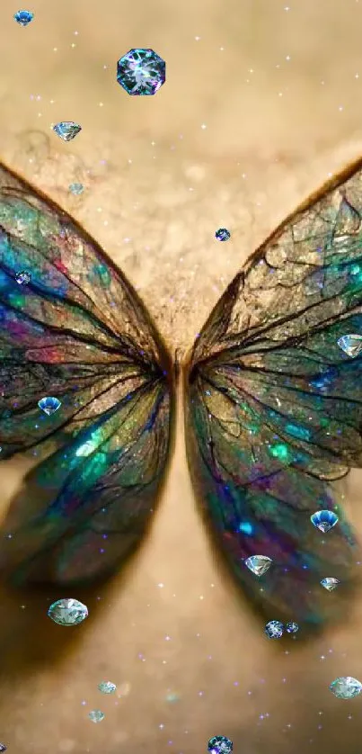 Delicate butterfly wings with iridescent blue hues on a brown background.