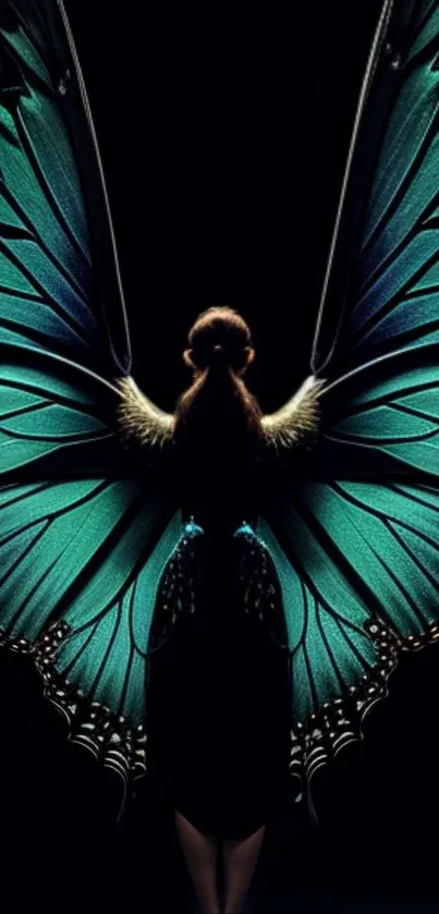 Woman with teal green butterfly wings on black background.