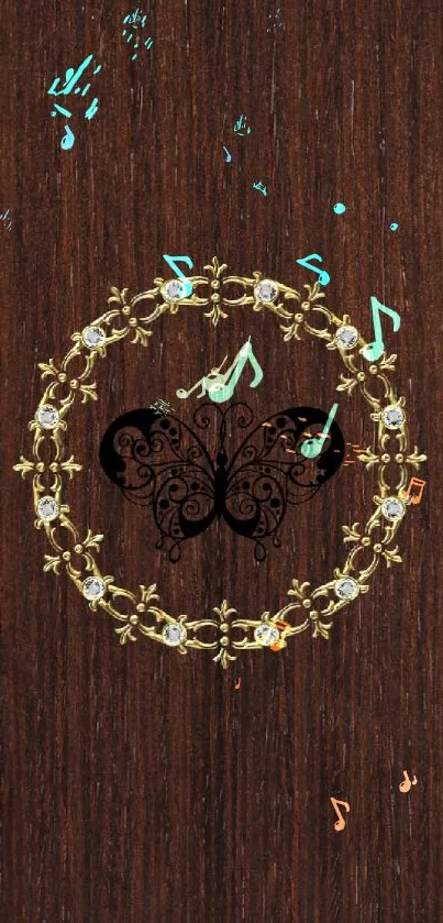 Elegant wood wallpaper with a central butterfly design.