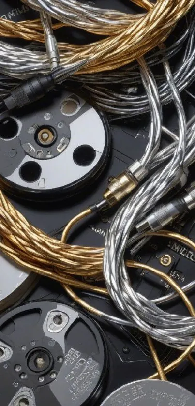 Intertwined gold and silver cables with electronic components.