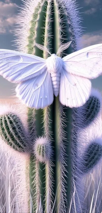 White moth on a tall cactus with a serene sky backdrop.