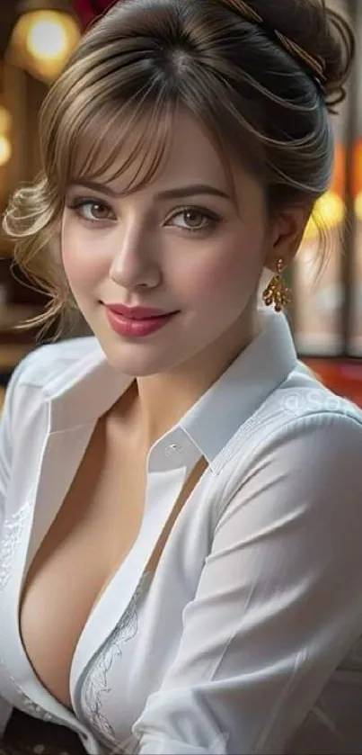 Elegant woman in a café setting, exuding warmth and sophistication.