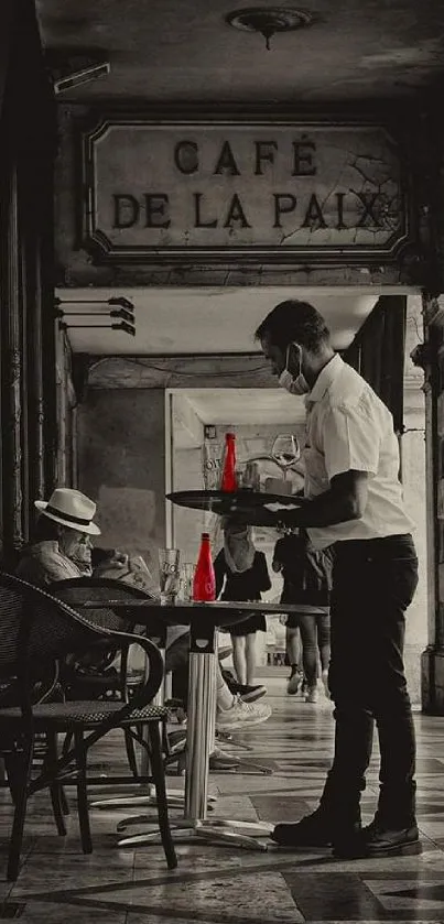 Vintage café scene with red bottle accents.
