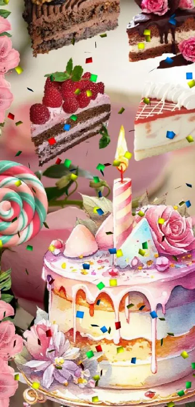 Elegant pastel cake with flowers and candies wallpaper.