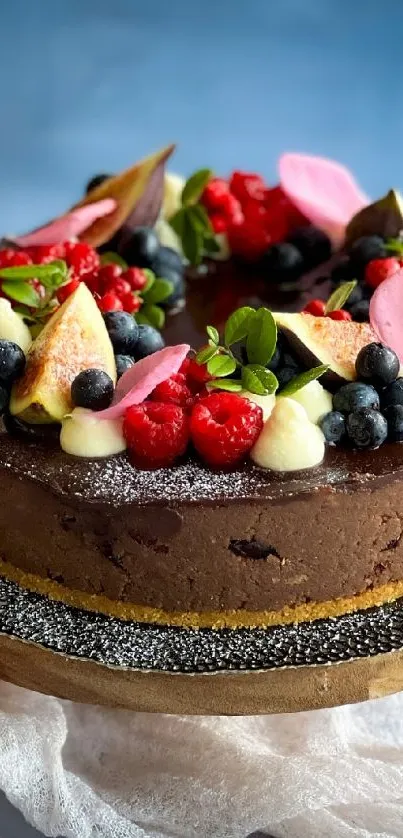 Chocolate cake with fruits on a dark blue background.