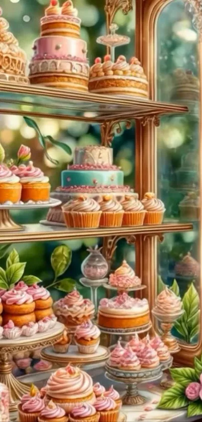 Elegant display of cakes and pastries in a vintage style setting.