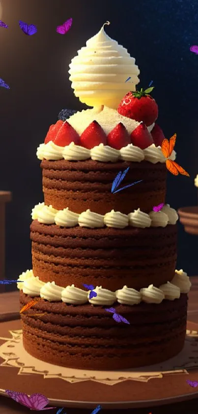 Tiered chocolate cake with cream and strawberries under a night sky.