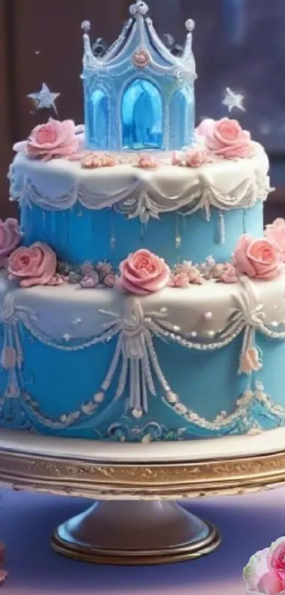 A stunning two-tier cake in pastel blue with pink roses and a crown topper.