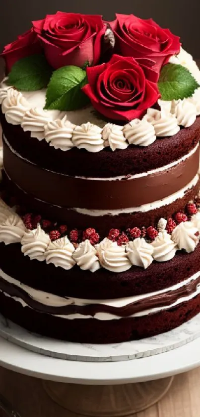 Two-tier chocolate cake with red roses on top.