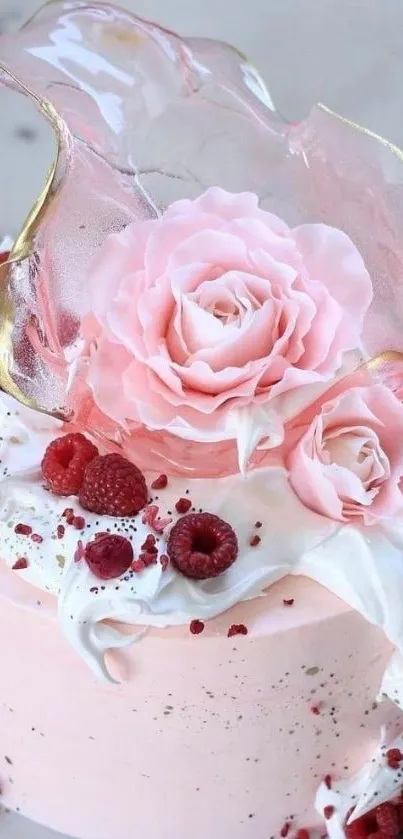 Elegant cake with pink roses and raspberries.