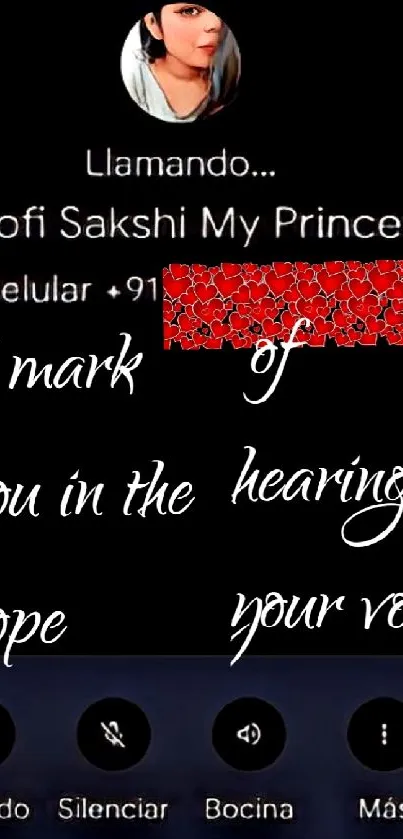 Romantic call screen wallpaper with elegant text and vibrant heart design.