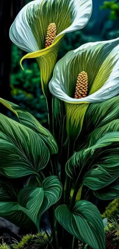 Elegant calla lily with lush green leaves wallpaper