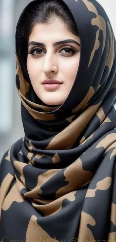 Elegant woman in camo hijab with a stylish, modern design.