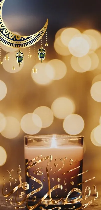 Candle with ornate crescent and bokeh lights.