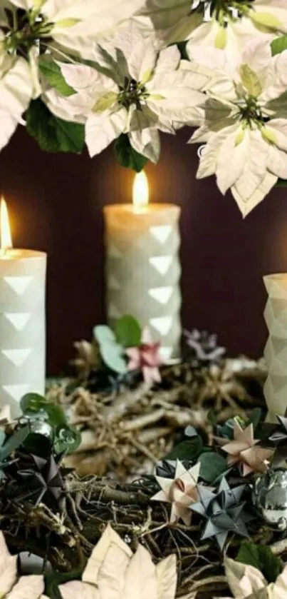 Candle and floral arrangement for a serene mobile wallpaper.